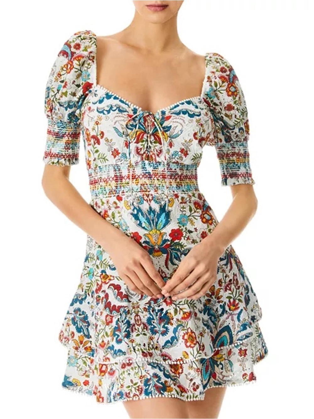 Alice + Olivia White Floral Puff-Sleeve Mini Dress with Multicolor Print